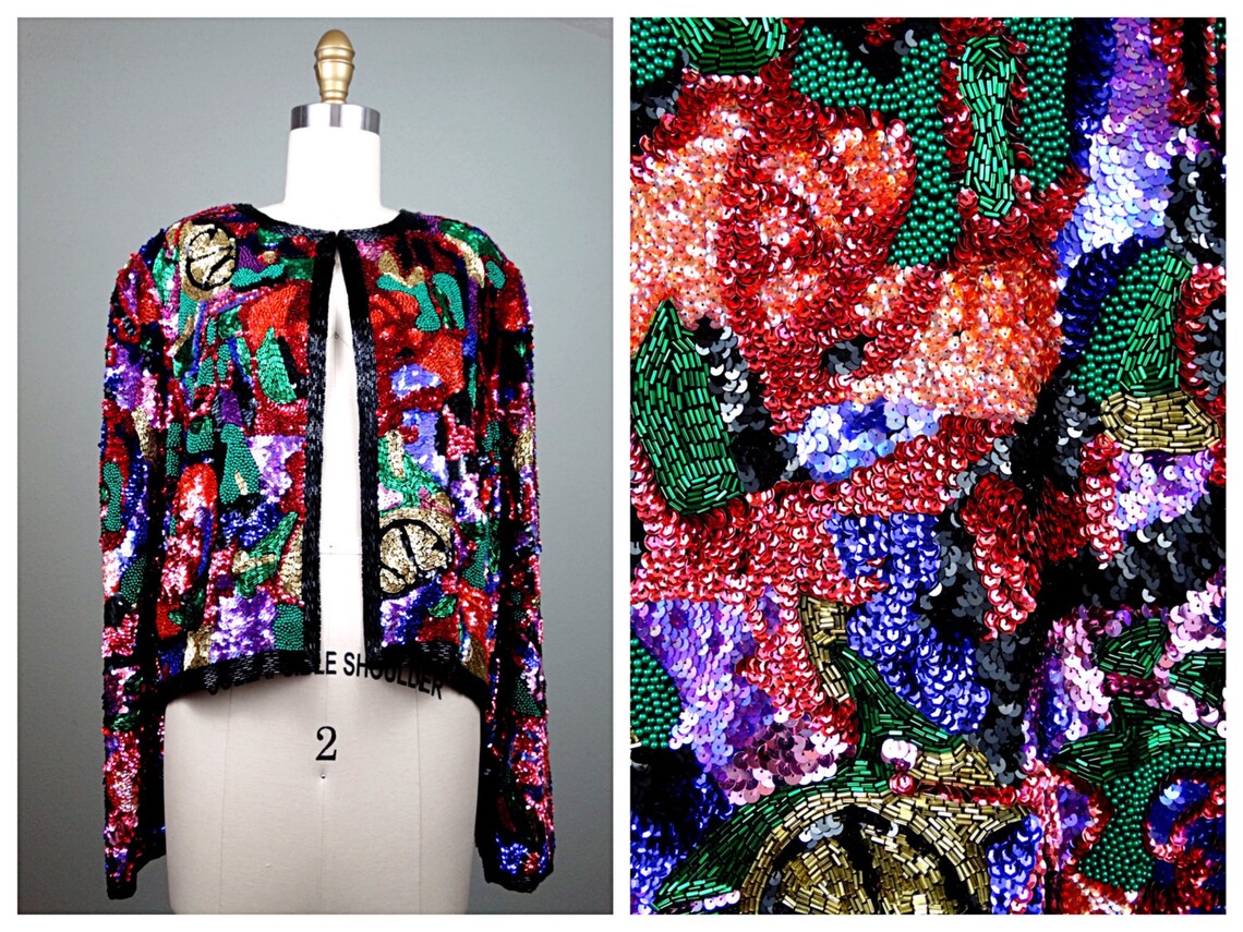 STUNNING Heavily Beaded Sequined Jacket / Bright Orange Green Etsy