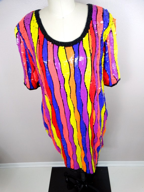 RARE Plus Size Neon Sequined Beaded Dress // Vint… - image 4