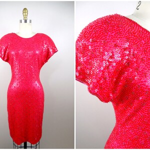 80s 90s Bright Pink Sequin Stretchy Dress / Deep Fuchsia Bodycon Sequined Dress / Formal Cocktail Party Dress