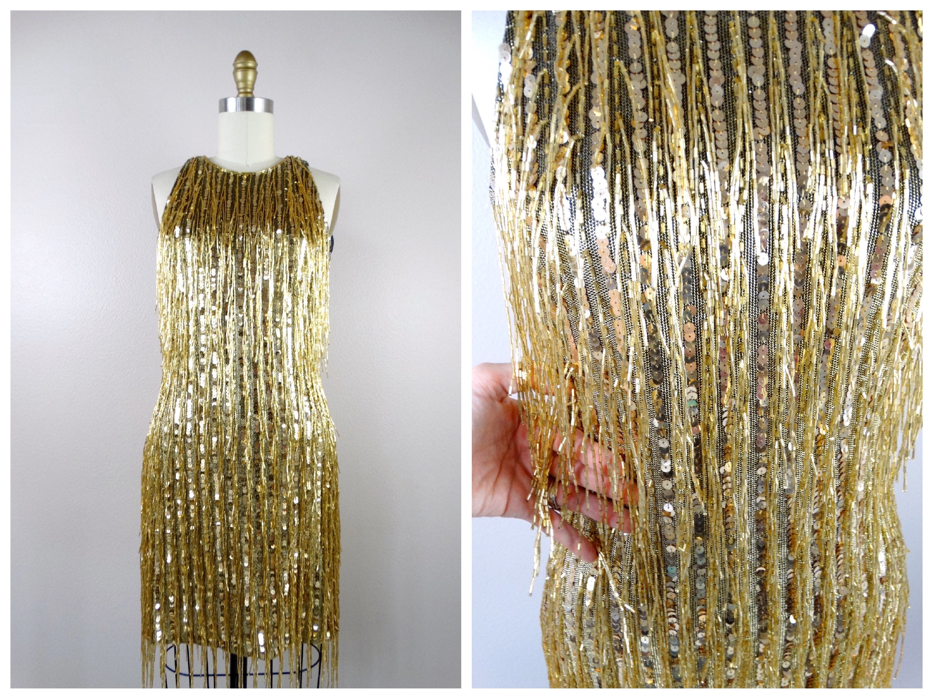 パーティードレス Fringed Gold Sequined Midi Dress Gold & Silver Sequin Fringe Dress – KCoutureBoutique