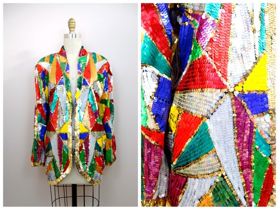 Mosaic Sequin Vintage Jacket / Colorful Fully Emb… - image 5