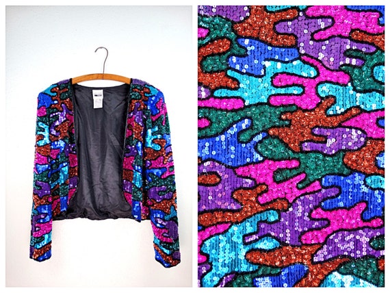 M/L Colorful Camo Sequin Jacket // Vintage Sequin… - image 1