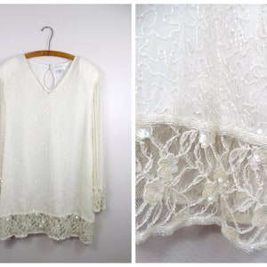 1x/2x Túnica o minivestido con cuentas y lentejuelas color marfil // Top largo adornado de talla grande