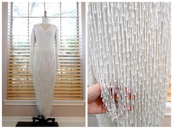 Dripping Pearls Beaded Wedding Dress / White Silk… - image 1