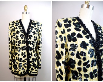 70s James Galanos Sequin Couture Coat / 1970's Designer Vintage Heavily Beaded Black and Ivory Animal Print Jacket