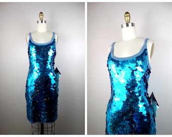 Vintage Turquoise Sequin Mini Dress, Deadstock Party Dress