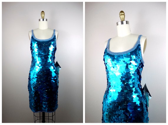 Bright Blue Paillette Sequined Dress // Vintage S… - image 1