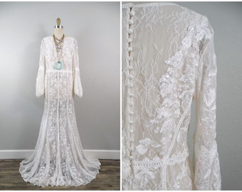 Vintage Embroidered Lace Wedding Dress / Sheer Beaded Gown / Long Sleeve Bell Sleeve Boho Hippie Sequin Bridal Gown w/ Button Back
