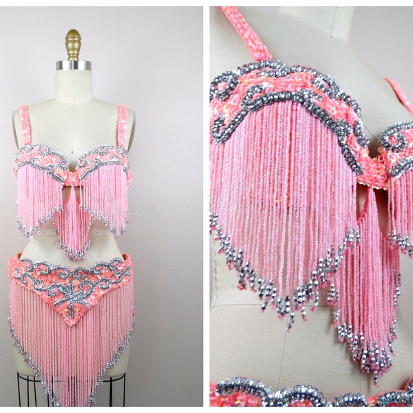 Iridescent Pink Fringe Beaded Dancers Costume Ensemble // Fluorescent Sequin Embellished Bra Top and Fringed Belt XS