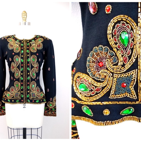 90s Ornate Jewel Beaded Fitted Jacket / Couture Jeweled Evening Top