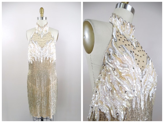 VTG Pearl Beaded Fringed Dress // Heavily Embelli… - image 1