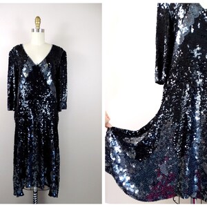 Dropwaist Sequin Beaded Dress / Black Vintage Great Gatsby Dress