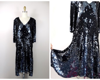 Art Deco Sequin Beaded Dress // Black Sequined Great Gatsby Dress