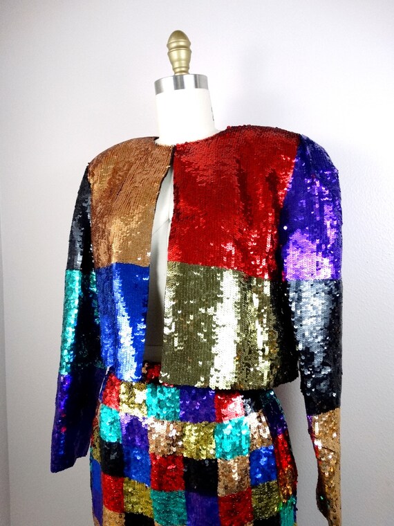 80s 90s Sequin Color Block Bolero Jacket and Mini… - image 3