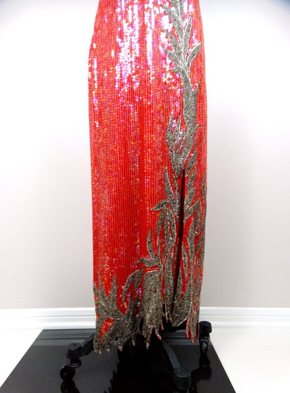 M/L Red Silk Sequined Beaded Evening Gown w/ Bole… - image 5