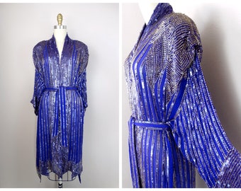 VTG Silk Beaded Long Jacket // Vintage Sequin Embellished Duster Jacket w/ Sash Belt // Kimono Coat // Sequined Beaded Robe