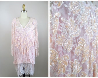 Jaren 70-80 roze kant kralen iriserende lovertjes tuniek mini-jurk//vintage pastel babyroze mini-kanten mini-jurk of oversized blouse