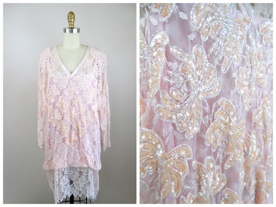 70s 80s Pink Lace Beaded Iridescent Sequined Tuni… - image 1