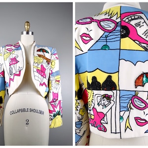 Pop Art Pailletten Verzierter Bolero / Vintage Kurze Perlenjacke / Neuheit Strandszene Statement Piece