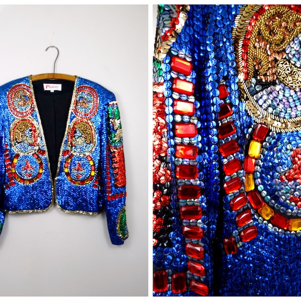 GLAM Couture Jewel Beaded Sequin Embellished Trophy Jacket / Bejeweled Sequin Bolero