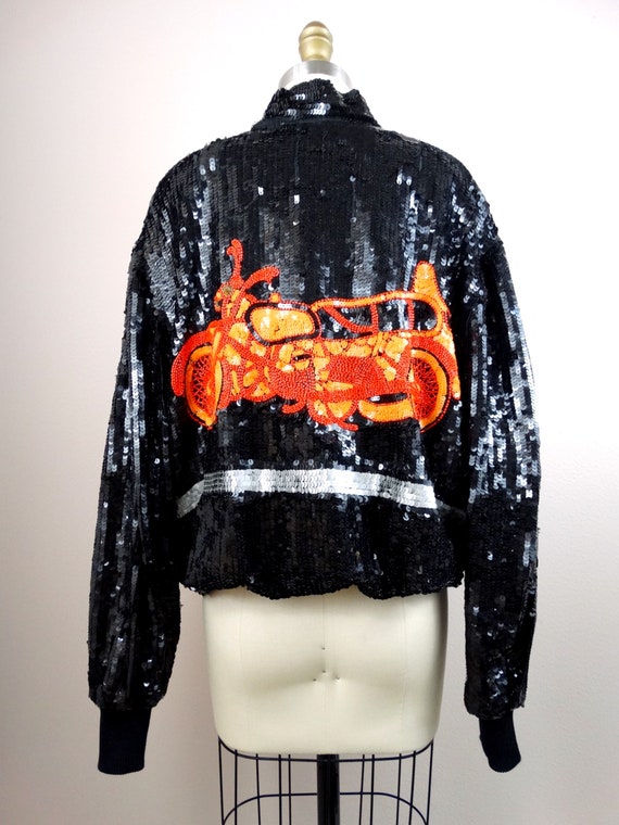 MOTO Sequin Moto Jacket // 80's Black and Neon Or… - image 5