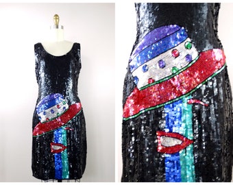 S/M Pop Art Glam Sequin Dress / RARE Abstract Sequined Novelty Dress / Funky Cartoon Face Party Dress