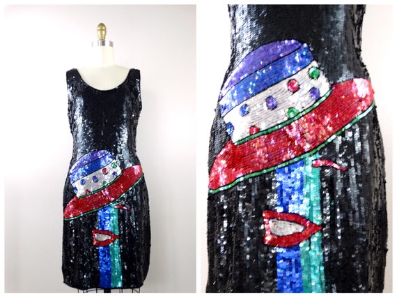 S/M Pop Art Glam Sequin Dress / RARE Abstract Seq… - image 1