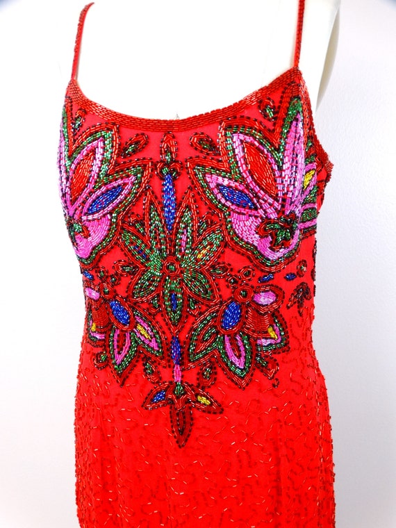 Red Silk Pink Beaded Dress // Bright Sequin Embel… - image 4