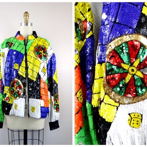 L/XL FuNkY Sequin Bomber Jacket / 80&#39;s Retro Compass Grid Sequined Jacket / Geometric Yellow Green and Orange Embellished Jacket XL