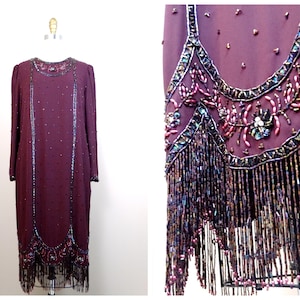 Vintage 70s Fringe Beaded Gown / Mother of the Bride Dark Purple Mulberry Wine Maroon Silk Sequin Embellished Dress