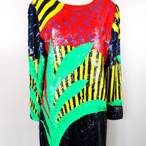 EXOTIC Abstract Sequined Dress / Bright Neon Palm Leaves Novelty Dress / Retro Sequin Scene Novelty Dress image 2