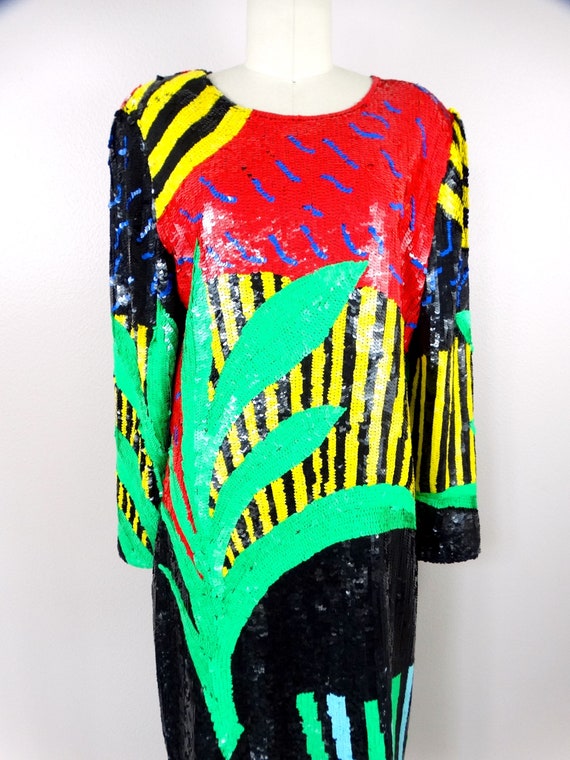 EXOTIC Abstract Sequined Dress / Bright Neon Palm… - image 2