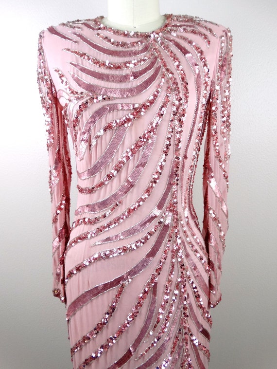 Vintage Sequin Embellished Dress / Rose Pink Sequ… - image 4