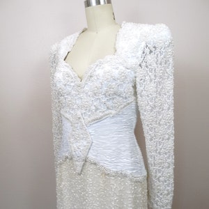 Vintage Pearl Beaded Wedding Dress / White Lace Embellished Bridal Gown image 2