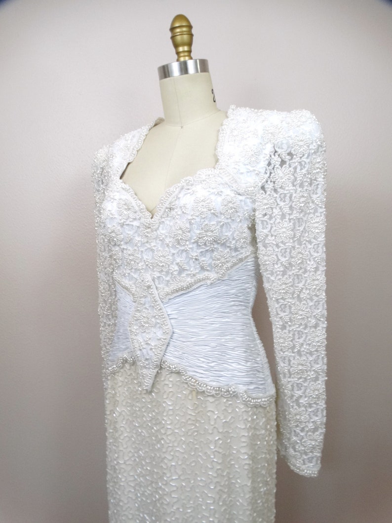 Vintage Pearl Beaded Wedding Dress / White Lace Embellished Bridal Gown image 2