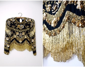 80s Heavily Beaded Fringe Crop Top // 1980s Black and Gold Fringed Beaded Sequined Cropped Top