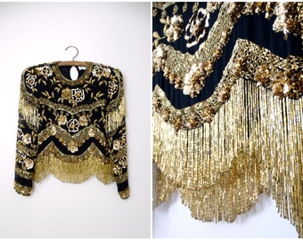 80s Stark Perlen Fringe Crop Top / 1980s Schwarzes und Gold Fringed Top