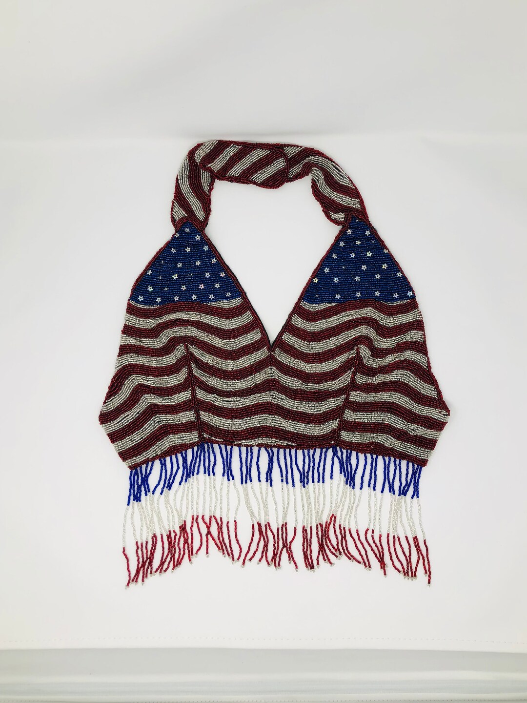 All Beaded Fringe Crop Top / Red White & Blue Bead Embellished