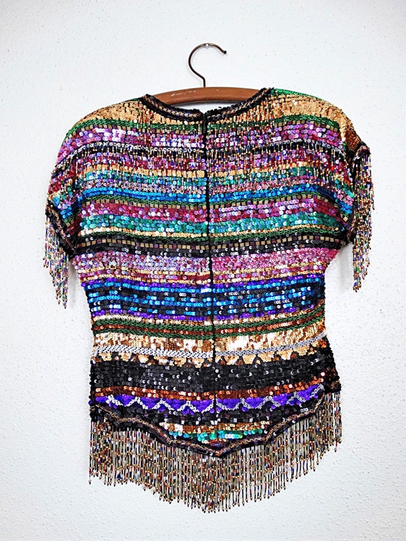 VTG Fringe Beaded Sequined Blouse // Heavily Embe… - image 3