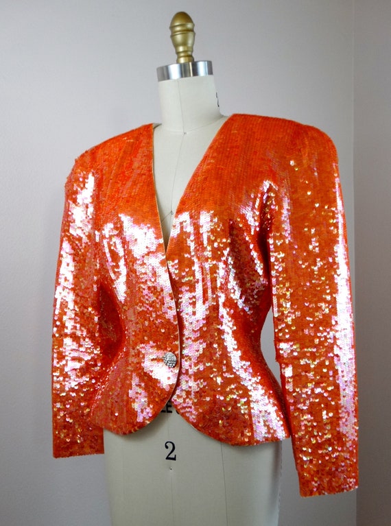 S/M Orange Sequin Blazer // Bright Sequined Vinta… - image 4