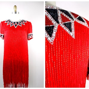 Tropfendes Fringe Perlen Kleid // 90er Couture Rotes Seiden Glas Perlen Cocktailkleid // Stark verziertes Kleid