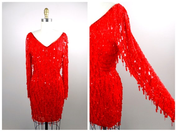 Paillette Fringe Beaded Sequined Dress / Couture … - image 1