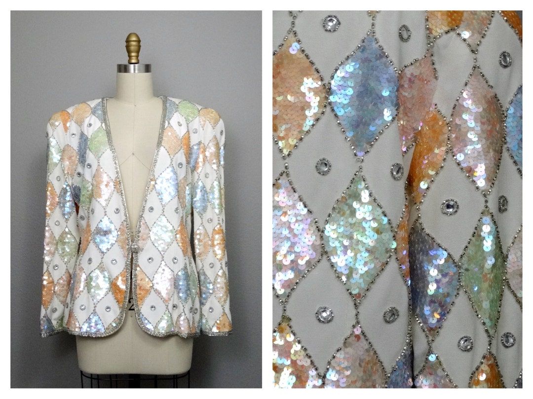 VTG Sequin Embellished Iridescent Ivory Blazer Pastel Sequined Jewel Beaded Jacket US 14 Etsy Canada