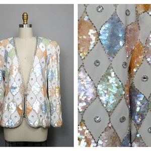 VTG Pailletten Verschönerter irisierender Ivory Blazer / Pastell Pailletten Juwel Perlen Jacke US 14