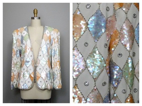 VTG Sequin Embellished Iridescent Ivory Blazer / … - image 1