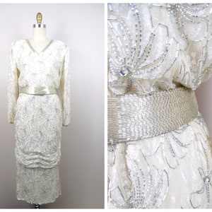 Ivory Lace Sequined Beaded Dress // 1970s Vintage Sequin Embellished Ruched Dropwaist Lace Midi Gown by Judith Ann Creations