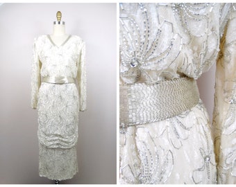 Ivory Lace Sequined Beaded Dress // 1970s Vintage Sequin Embellished Ruched Dropwaist Lace Midi Gown by Judith Ann Creations