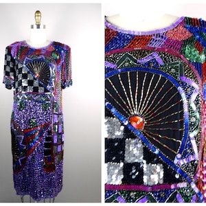 80s Retro Sequin Party Dress / 1980&#39;s Rainbow Sequined Beaded Dress