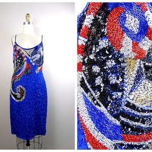 M/L Beaded Sequin Dress // Geometric Swirls Bright Embellished Cocktail Dress // Blue Beaded Dress
