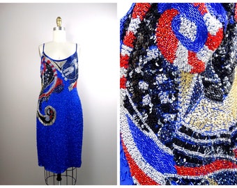 80s 90s Beaded Dress / Geometric Swirls Bright Embellished Cocktail Dress / Blue Sequin Dress